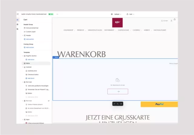 Screenshot of the Shopify online store page builder for the shopping cart page. Editing options are displayed in the sidebar on the left.