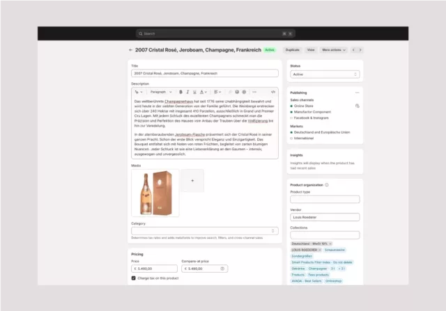 Screenshot of a product edit page in the Shopify backend for a rosé champagne, showing details such as title, description, medium, category, price and release status.