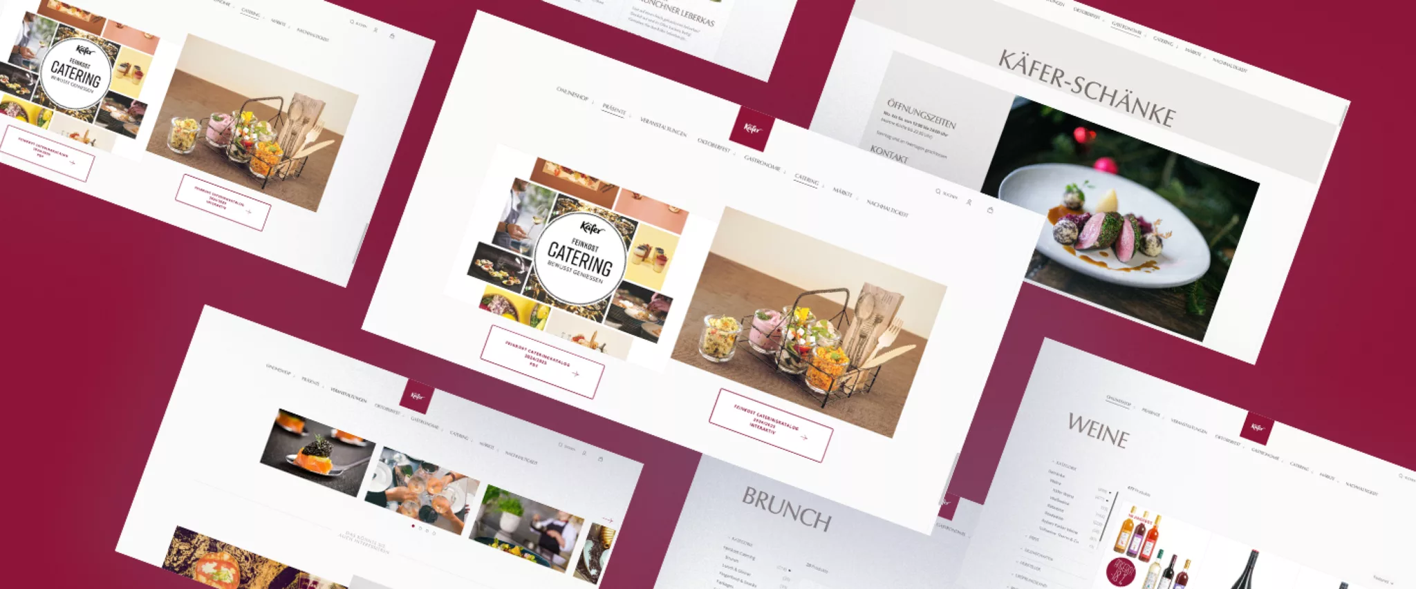 Screenshots des neuen Webdesigns vom Feinkost Käfer Shopify Online Shops auf einem weinroten Hintergrund.