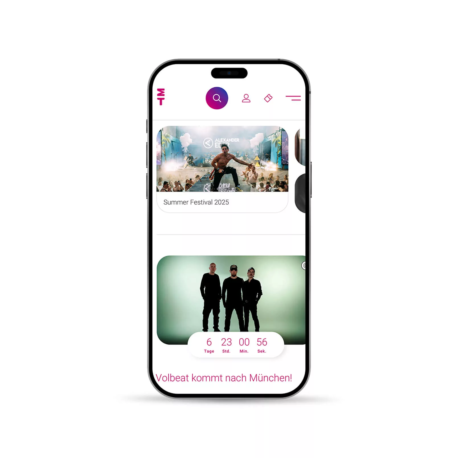 Smartphone-Bildschirm mit der Benutzeroberfläche der München Ticket Eventportal Startseite.