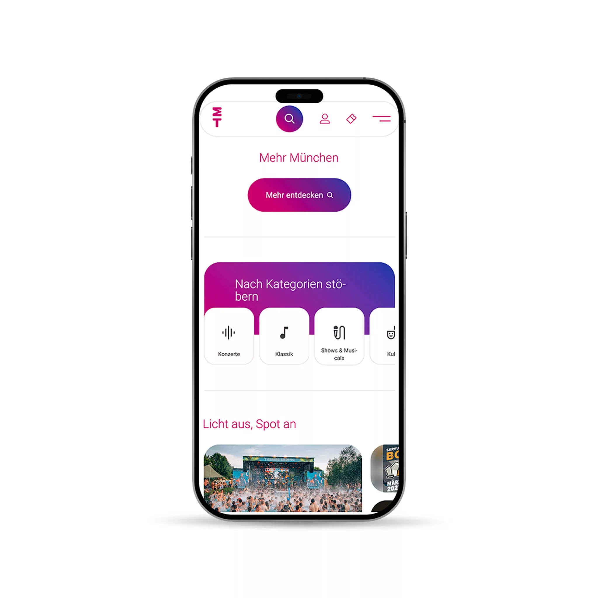 Ein Smartphone mit einem Ausschnitt der München Ticket Startseite.