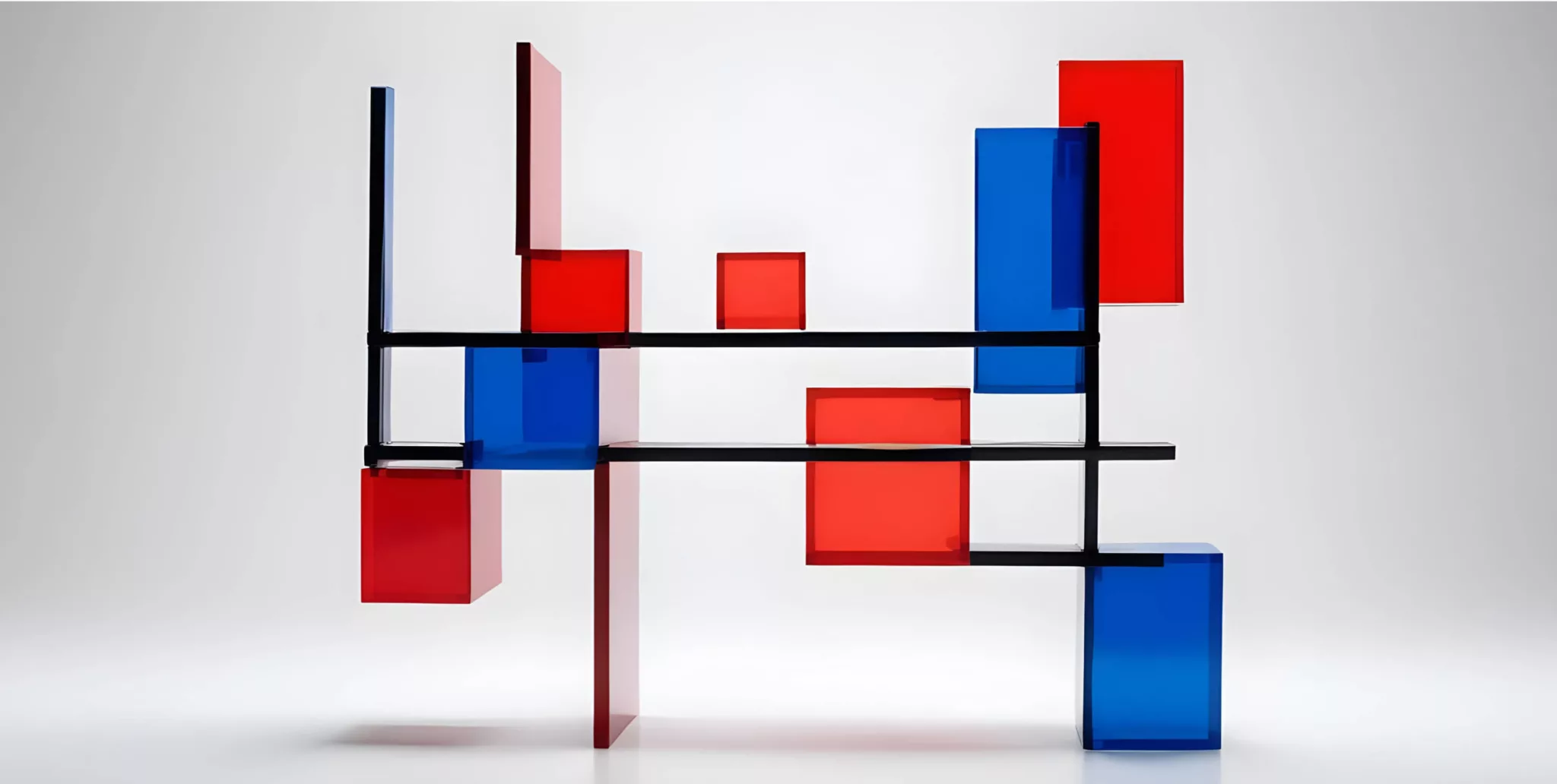 Geometrische abstrakte Skulptur mit sich kreuzenden schwarzen Linien und transparenten roten und blauen rechteckigen Platten, angeordnet auf einem neutralen Hintergrund.