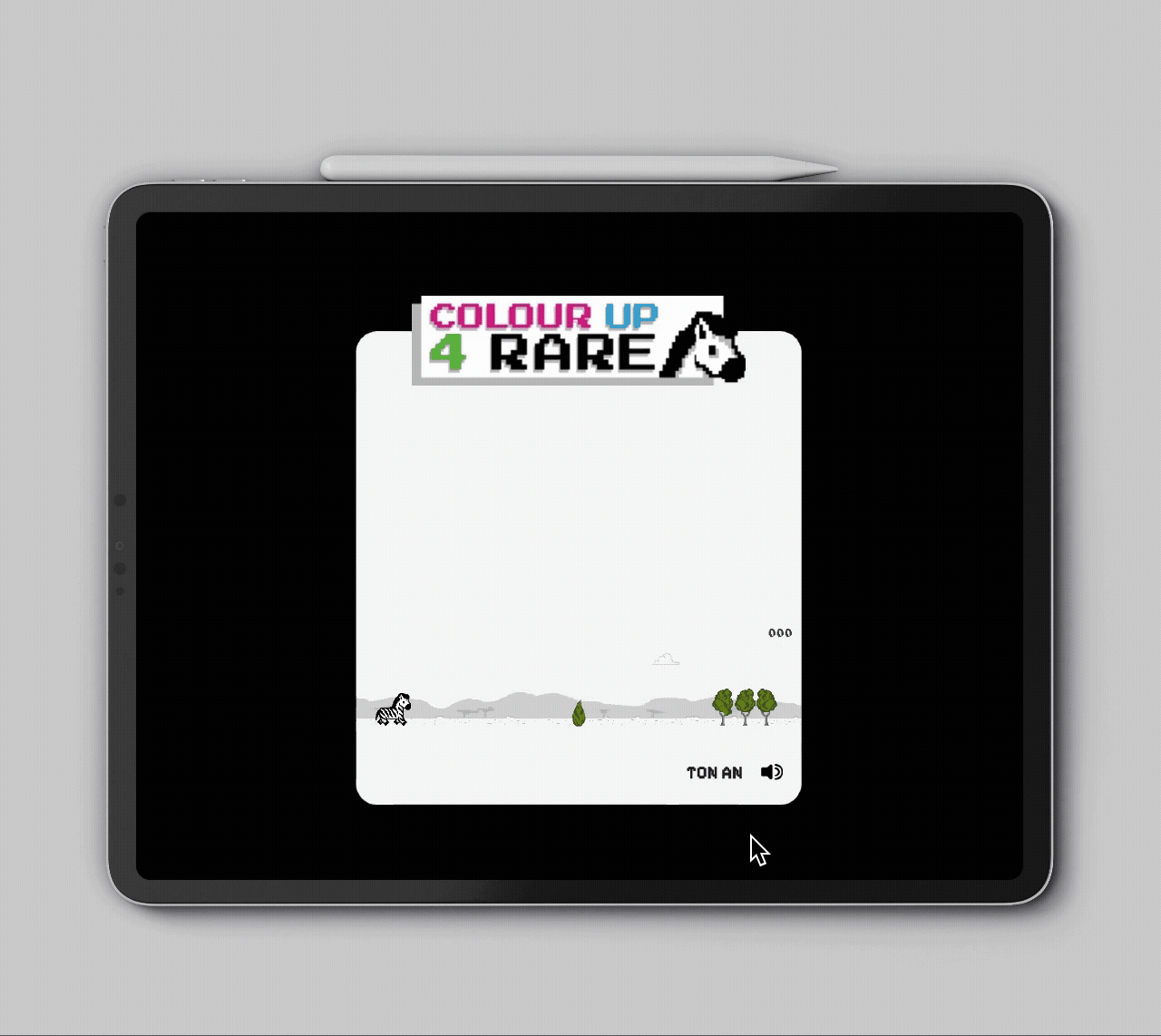 Ein GIF des Online Games auf einem Tablett, bei dem man mit Hilfe der Tastatur ein Zebra über Hindernisse springen lassen kann und nach Milestones nach und nach Fakten über seltene Erkrankungen erfährt.