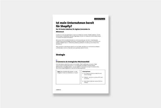 Eine Vorschau der Checkliste als PDF mit dem Titel "Ist mein Unternehmen bereit für Shopify?" mit Abschnitten über Strategie und E-Commerce.