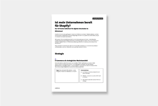 Eine Vorschau der Checkliste als PDF mit dem Titel "Ist mein Unternehmen bereit für Shopify?" mit Abschnitten über Strategie und E-Commerce.