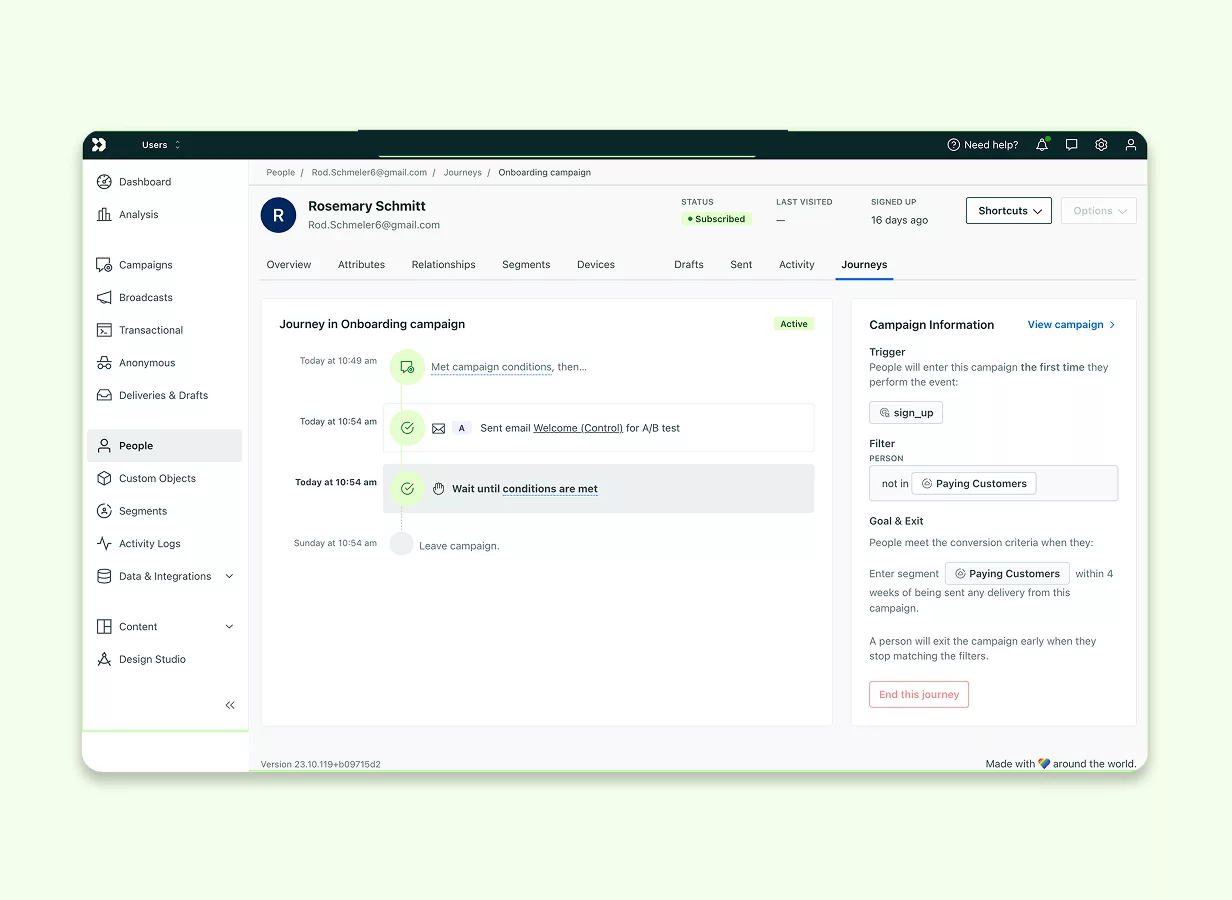 Ein Benutzer-Dashboard zeigt den Verlauf einer User Journey für eine automatisierten Onboarding-Kampagne in Customer.io.
