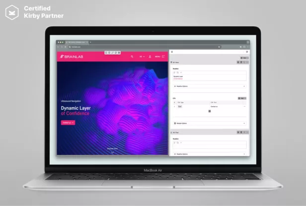 A MacBook Air displays a Kirby CMS website editor belonging to the customer Brainlab. In the upper left corner, it says "Certified Kirby Partner".