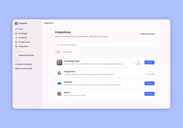 Eine Seite für Langdock-Softwareintegrationen zeigt Optionen für die Verbindung von Knowledge Folder, Google Drive und OneDrive mit Schaltflächen zum Erstellen oder Verbinden der einzelnen Dienste an.