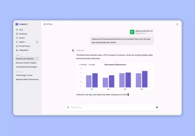 Auf einem Computerbildschirm ist ein geöffneter Chat aus Langdock zu sehen. Der Chat wird von Chat GPT betrieben und zeigt die Anfrage eines Nutzers, eine Excel-Datei auszuwerten.