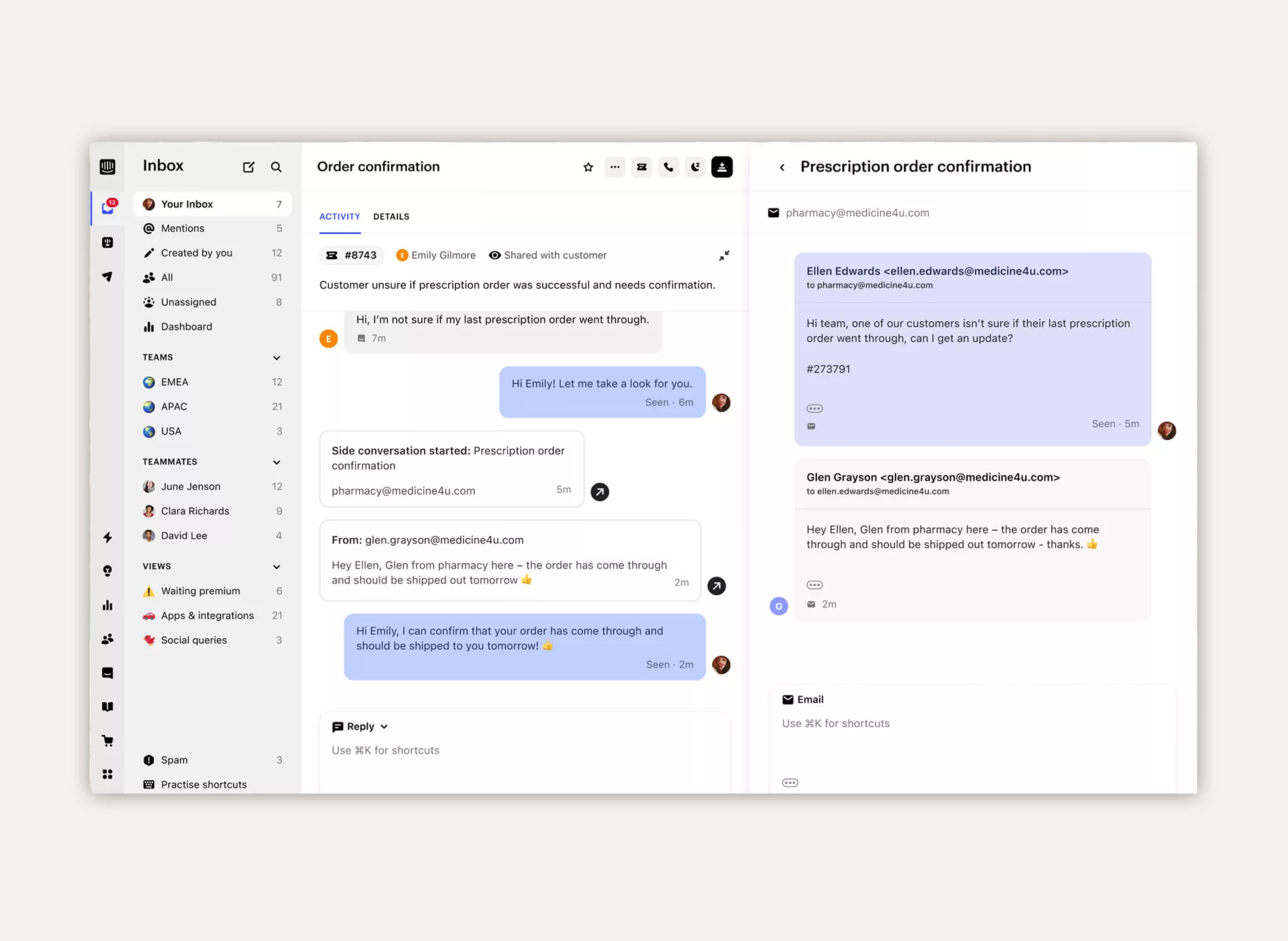 Ein Einblick ins Backend der Intercom Plattform. Die Benutzeroberfläche zeigt die geöffnete Inbox eingegangener Chat-Konversationen und Antwort-Möglichkeiten, um die Anfrage zu bearbeiten.