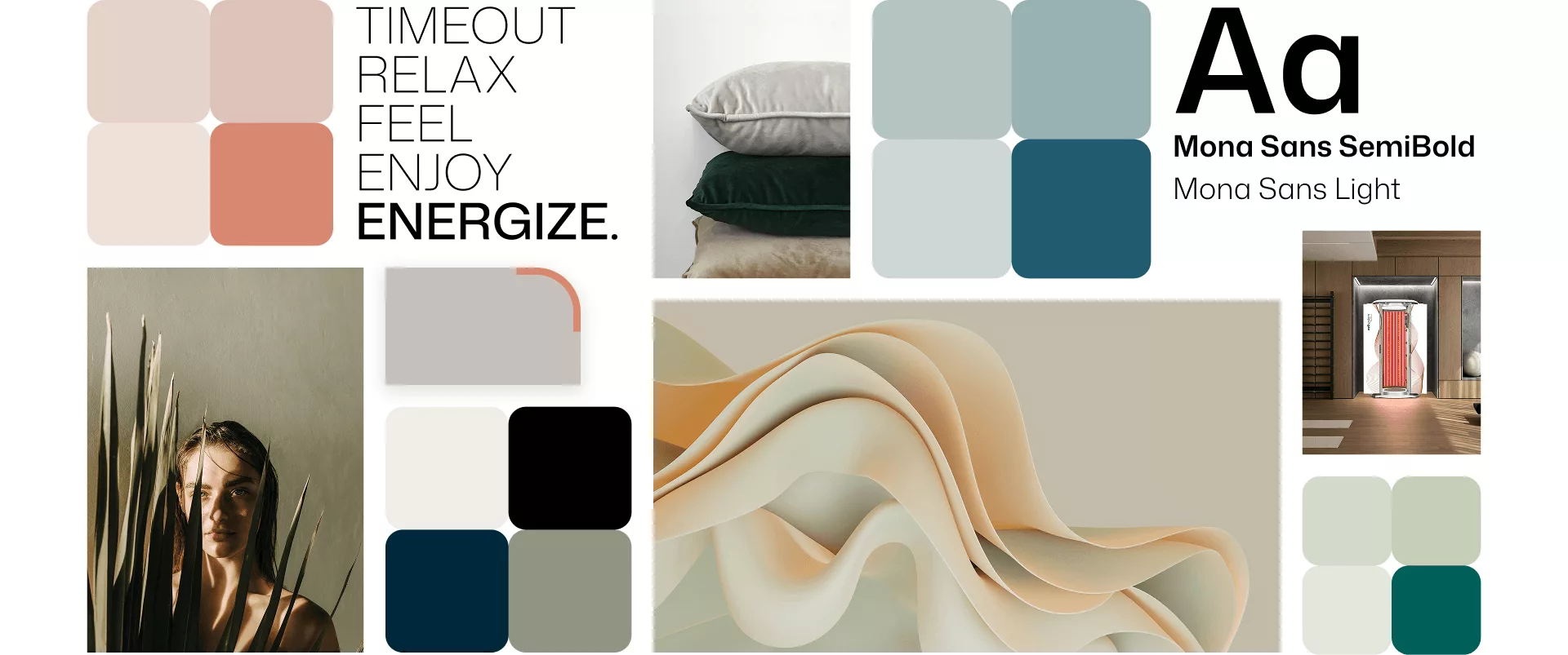 Moodboard mit Farbmustern, Schriftauszug der Mona Sans und Eindrücke der Bildwelt für die Neuausrichtung der Corporate Identity von Wellsystem.