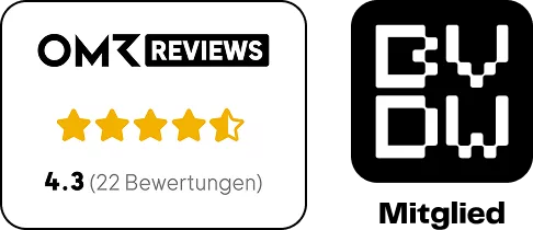 Bewertung bei OMR Reviews: 4,3 von 5 Sternen bei 22 Bewertungen. Daneben befindet sich ein schwarz-weißes „BVDW-Mitglied“-Logo, das die Mitgliedschaft kennzeichnet.
