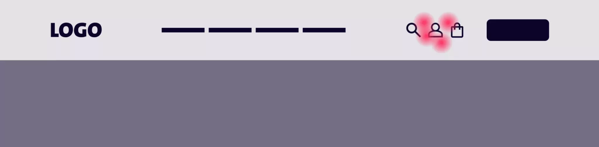 Schlechtes UX-Beispiel einer Website-Kopfzeile mit einem Logo, vier Menüpunkten, und 3 eng beieinander liegenden Icons, auf die ein User mehrere Klickversuche getätigt hat.