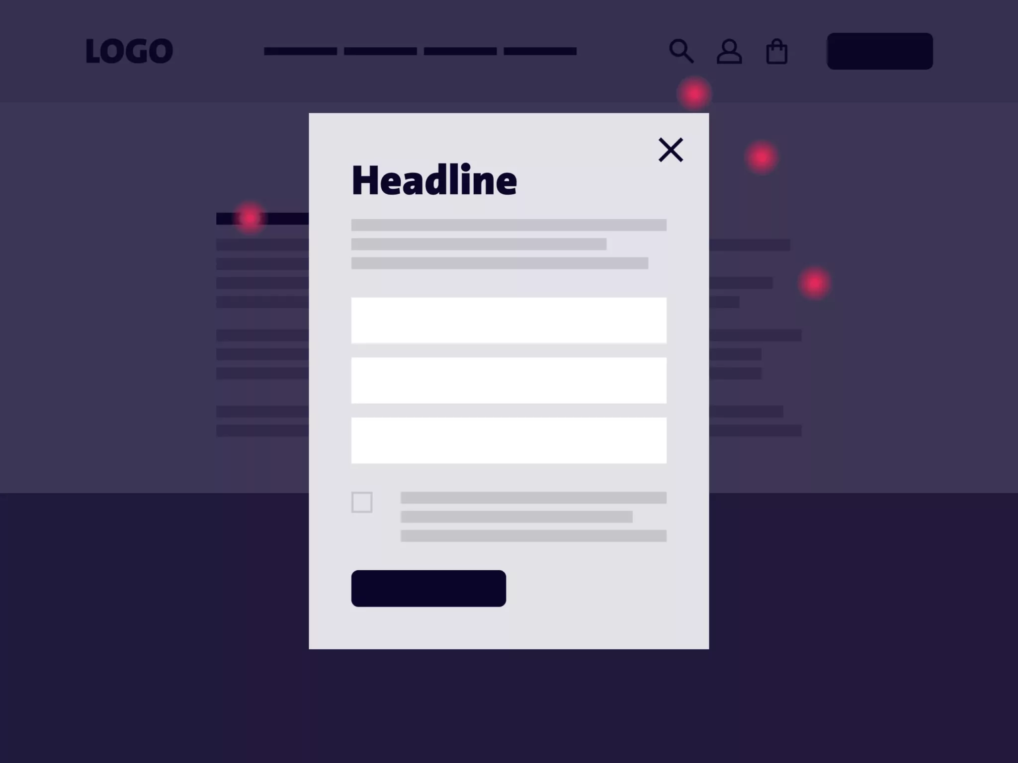 Häufiger UX-Fehler eines Popup-Formulars mit einer Überschrift, mehreren Feldern, einem Kontrollkästchen und einer dunklen Schaltfläche zum Absenden überlagert einen unscharfen Website-Hintergrund. Trotz eines "X" zum Schließen in der oberen, rechten Ecke, klicken User mehrmals außerhalb, um das Pop-Up zu schließen.