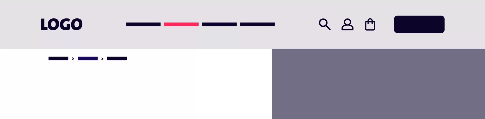 UX-Beispiel einer Website-Kopfzeile mit einem Platzhalter-Logo, Navigationsleisten, Suchsymbol, Benutzersymbol und Warenkorb-Symbol auf hellem Hintergrund. Der zweite Menüpunkt ist farblich hervorgehoben, um die aktuelle Position des Users zu kennzeichnen.