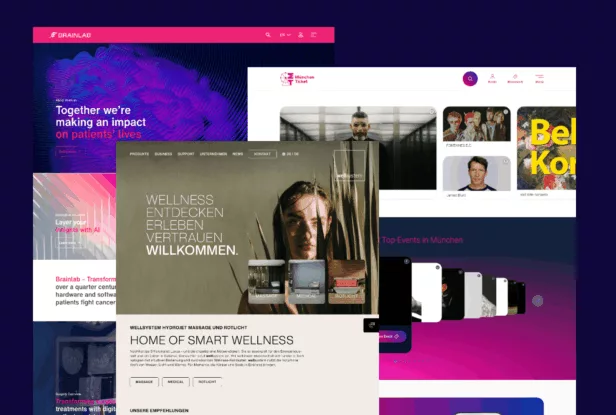Eine Collage verschiedener moderner Website-Startseiten mit leuchtenden Farben, abwechslungsreichen Layouts, Textüberschriften und Bildern, die schalk&friends als Website Relaunch Agentur umgesetzt hat.