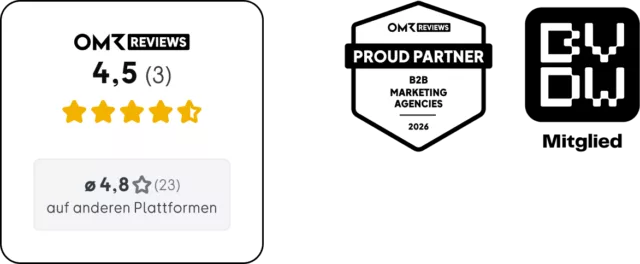 Bewertung bei OMR Reviews: 4,5 und 4,8 von 5 Sternen. Daneben befindet sich ein schwarz-weißes „BVDW-Mitglied“-Logo, das die Mitgliedschaft kennzeichnet.